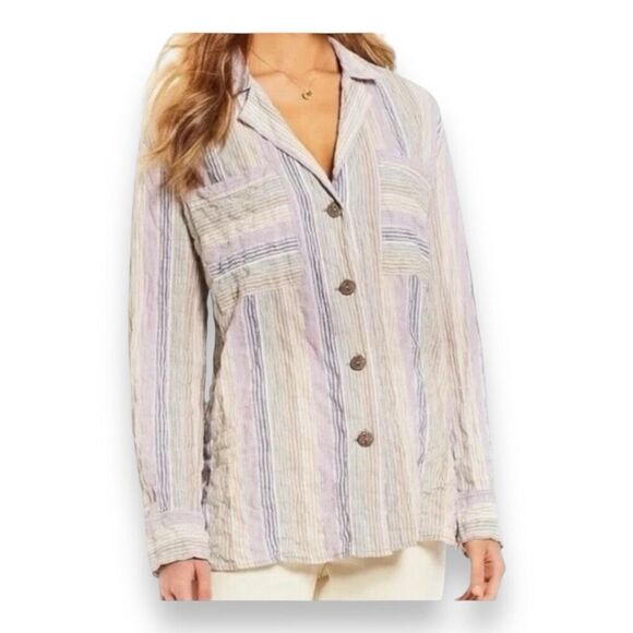 Free People High Tide Multi Stripe Button Down Top Size Medium - Picture 1 of 7